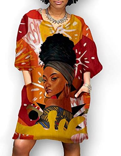 Divat-Afrikai Ruha Vintage Minta Nyomtatás Ruhák Nők Középső Ujja V-Nyak Alkalmi, Laza, Plusz Így Végzett Mini Ruha