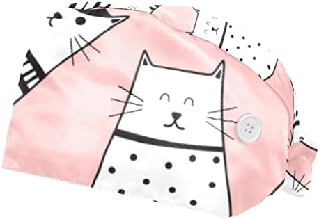 2 Csomag Dolgozó Kap a Gomb & Hajpánt Női Hosszú Haj Nyakkendő Állítható Hátsó Sapka Aranyos Macskák Rajzfilm Minta