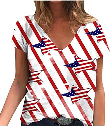 A nők július 4 Póló Nyári USA Csillag Csíkos Hazafias póló V Nyakú Laza Tshirts Függetlenség Napja Blúzok