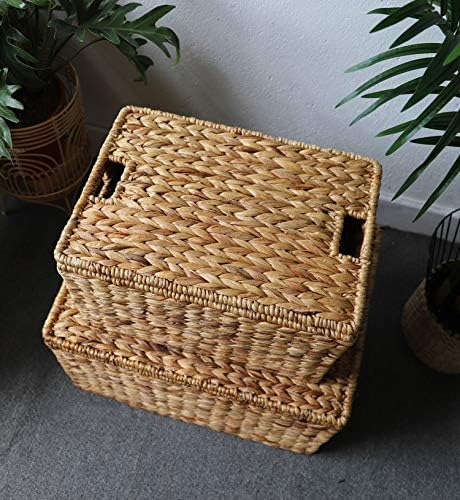 Anncus Tároló doboz kézzel szőtt természetes fű tároló doboz fedéllel szekrényben szervező - (Szín: Barna)
